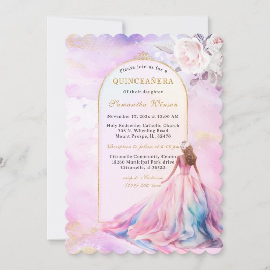 Quinceanera Uitnodigingen Roze en Goud (Voorkant)