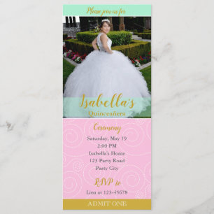 Quinceanera-uitnodigingen (ticketstijl met foto) kaart