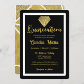 Quinceañera Verjaardag Diamant Glam Zwart Goud Kaart (Voorkant / Achterkant)