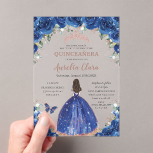 Quinceañera Verjaardag Royal Blue Floral Princess Acryl Uitnodigingen