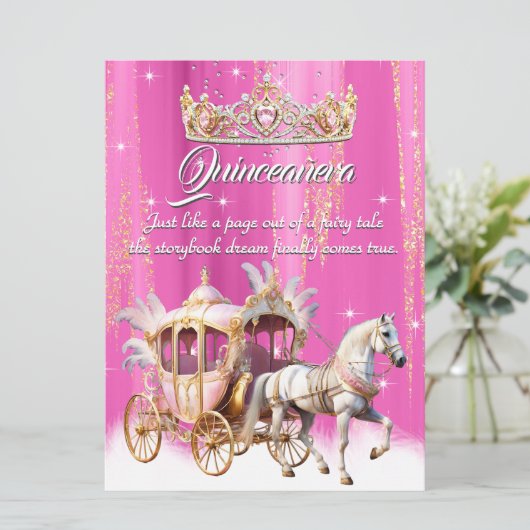 Quinceanera Verjaardag Roze Goud Zilveren Koets Kaart (Staand voorkant)