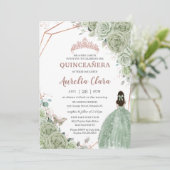 Quinceañera Verjaardag Sage Green Floral Roos Gold Kaart (Staand voorkant)