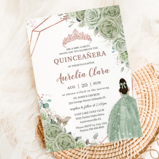 Quinceañera Verjaardag Sage Green Floral Roos Gold Kaart