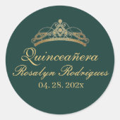 Quinceañera Verjaardag Smaragdgroene Gouden Tiara Ronde Sticker (Voorkant)