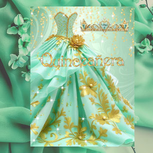 Quinceanera Verjaardagsfeest Muntgroene Gouden Jur Kaart