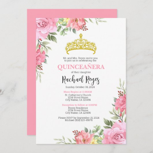 Quinceañera Verjaardagsuitnodiging Sjabloon Kaart (Voorkant / Achterkant)