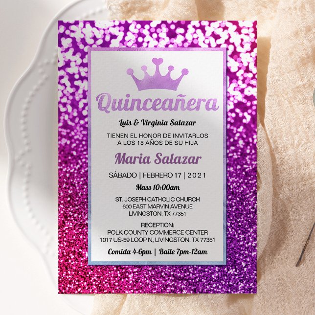 Quinceañera violet Glamour Invitation espagnole (Créateur téléchargé)