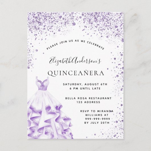 Quinceanera violet witte jurk uitnodiging briefkaart (Voorkant)