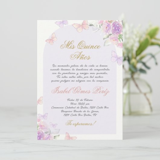 Quinceanera vlinder uitnodiging in het Spaans (Staand voorkant)