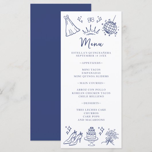 Quinceanera Vlinders Bloemen Modern Blauw Wit Menu (Voorkant / Achterkant)