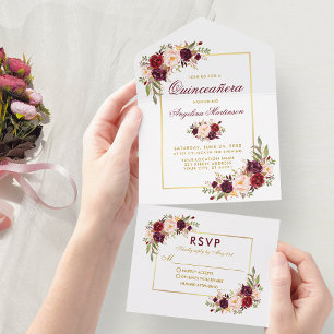 Quinceanera Waterverf Burgundy Bloem Goud All In One Uitnodiging