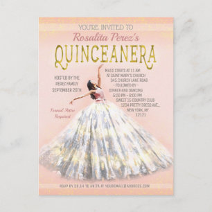 Quinceanera Waterverf Jurk Blush Roze Goud Fancy Briefkaart
