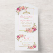 Quinceanera Waterverf Roze Bloemen Gouden Kroon All In One Uitnodiging (Binnen)