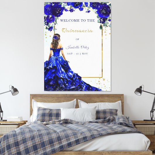Quinceañera Welkom Koninklijk Blauw en Goud Canvas Afdruk (Insitu (Slaapkamer))