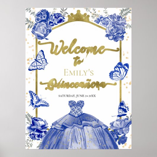 Quinceanera Welkomstbord Royal Blue Dress Floral Poster (Voorkant)