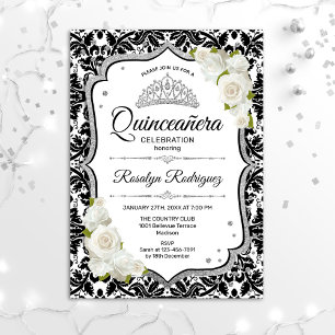 Quinceanera - White Black Damask Silver Kaart