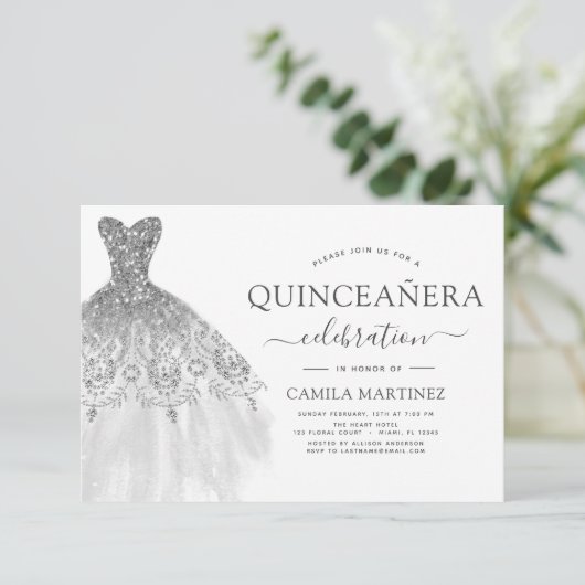 Quinceanera White en Silver Glitter Sparkle Kaart (Staand voorkant)