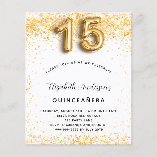 Quinceanera White gold glitter budget uitnodiging Flyer (Voorkant)