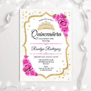 Quinceanera - White Gold Pink Roses Kaart