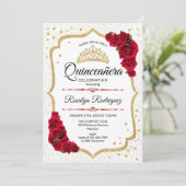 Quinceanera - White Gold Red Roses Kaart (Staand voorkant)