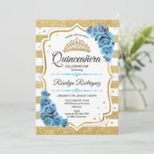 Quinceanera - White Gold Stripes Blue Kaart (Staand voorkant)
