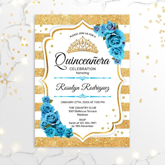 Quinceanera - White Gold Stripes Blue Kaart