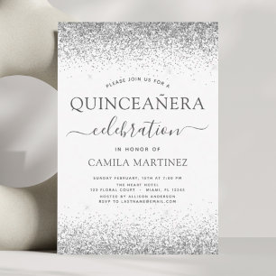 Quinceanera White Silver Modern Glitter Sparkle Kaart
