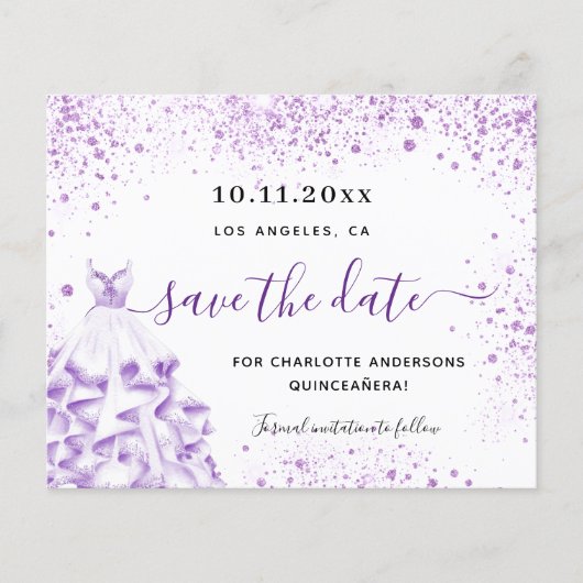 Quinceanera white violet budget, behalve datum flyer (Voorkant)