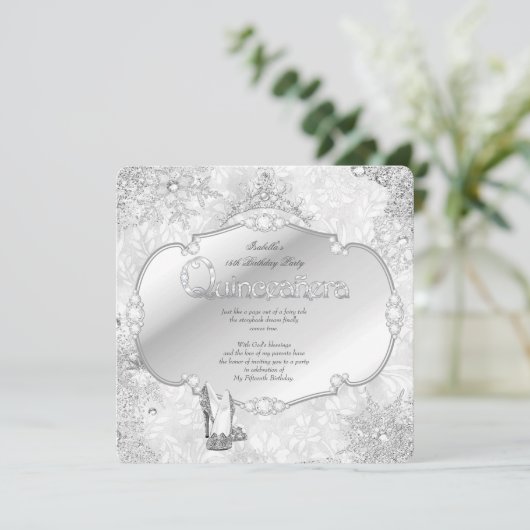Quinceanera Winter Wonderland Silver Snowflake B Kaart (Staand voorkant)