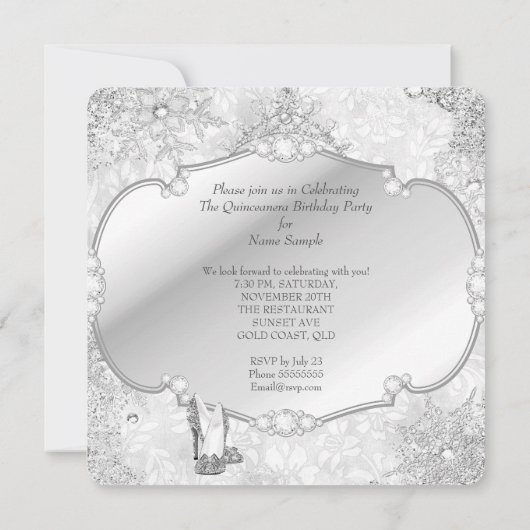 Quinceanera Winter Wonderland Silver Snowflake B Kaart (Achterkant)