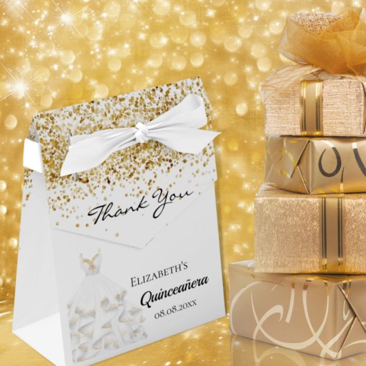 Quinceanera wit goud jurk dank u bedankdoosjes