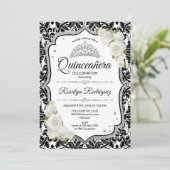 Quinceanera - Wit Zwart Damast Zilver Kaart (Staand voorkant)