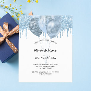 Quinceanera witte blauwe ballonnen glitter druppel kaart