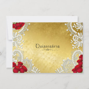 Quinceanera Witte Kant Rode Rozen op Goud Kaart