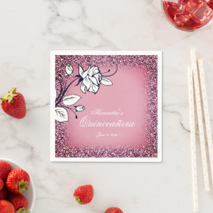 Quinceañera Witte Rozen Donker Roze Nep Glitters Servet