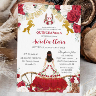 Quinceañera XV 15 Charro Rood Wit Bloemen Paarden Kaart
