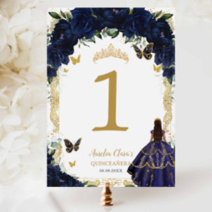 Quinceanera XV marineblauw bloem goud bruin meisje Kaart