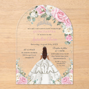 Quinceañera XV Roze Witte Bloemen Prinses Zilver Acryl Uitnodigingen