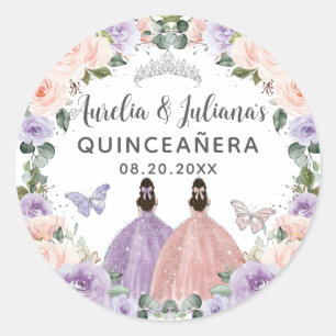 Quinceañera XV Sweet 16 Lila Blush Bloemen Tweelin Ronde Sticker
