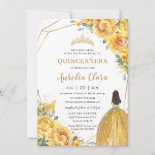 Quinceañera Yellow Floral Princess Crown Birthday Kaart