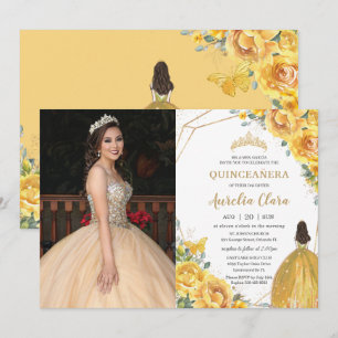 Quinceañera Yellow Floral Princess Crown Birthday Kaart