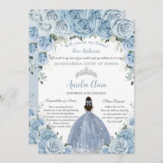 Quinceañera Zilver Baby Blauwe Bloem Dama Verzoek  Kaart (Voorkant / Achterkant)