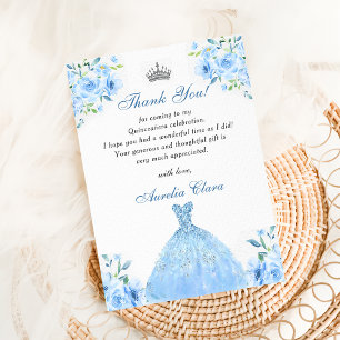 Quinceanera zilver blauw bloemenjurk bedankkaart kaart