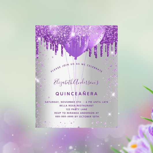 Quinceanera zilver paarse budget uitnodiging flyer