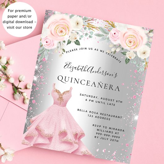 Quinceanera zilver roze jurk budget uitnodiging flyer
