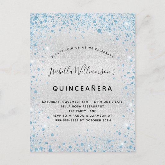 Quinceanera zilverblauw glitterspinkel uitnodiging briefkaart (Voorkant)