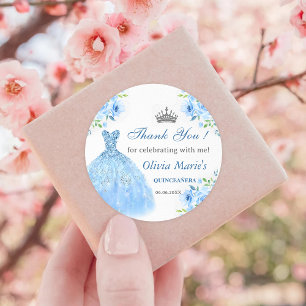 Quinceanera zilveren blauwe bloemjurk ronde sticker