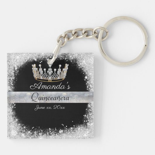Quinceanera Zilveren Glitter Diamanten Prinsessen Sleutelhanger (Achterkant)