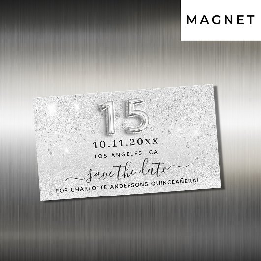 Quinceanera zilveren glitters Bewaar de datum-magn