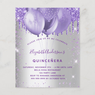 Quinceanera zilveren paarse budget uitnodiging flyer